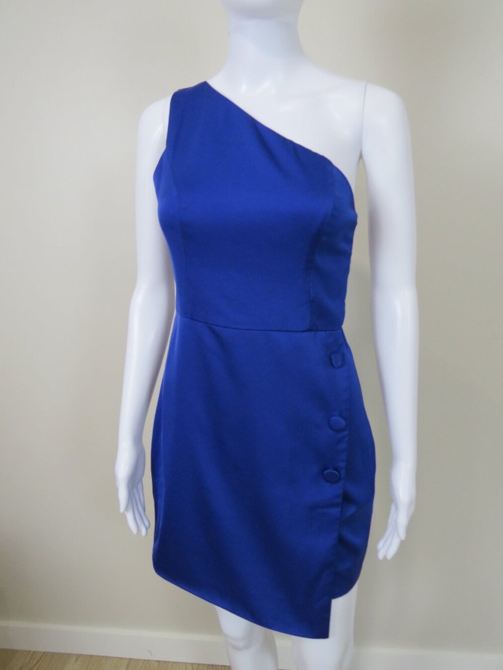 NBD Tere Mini Dress, Lined, One Shoulder, Button Detail SIZE SMALL Blue